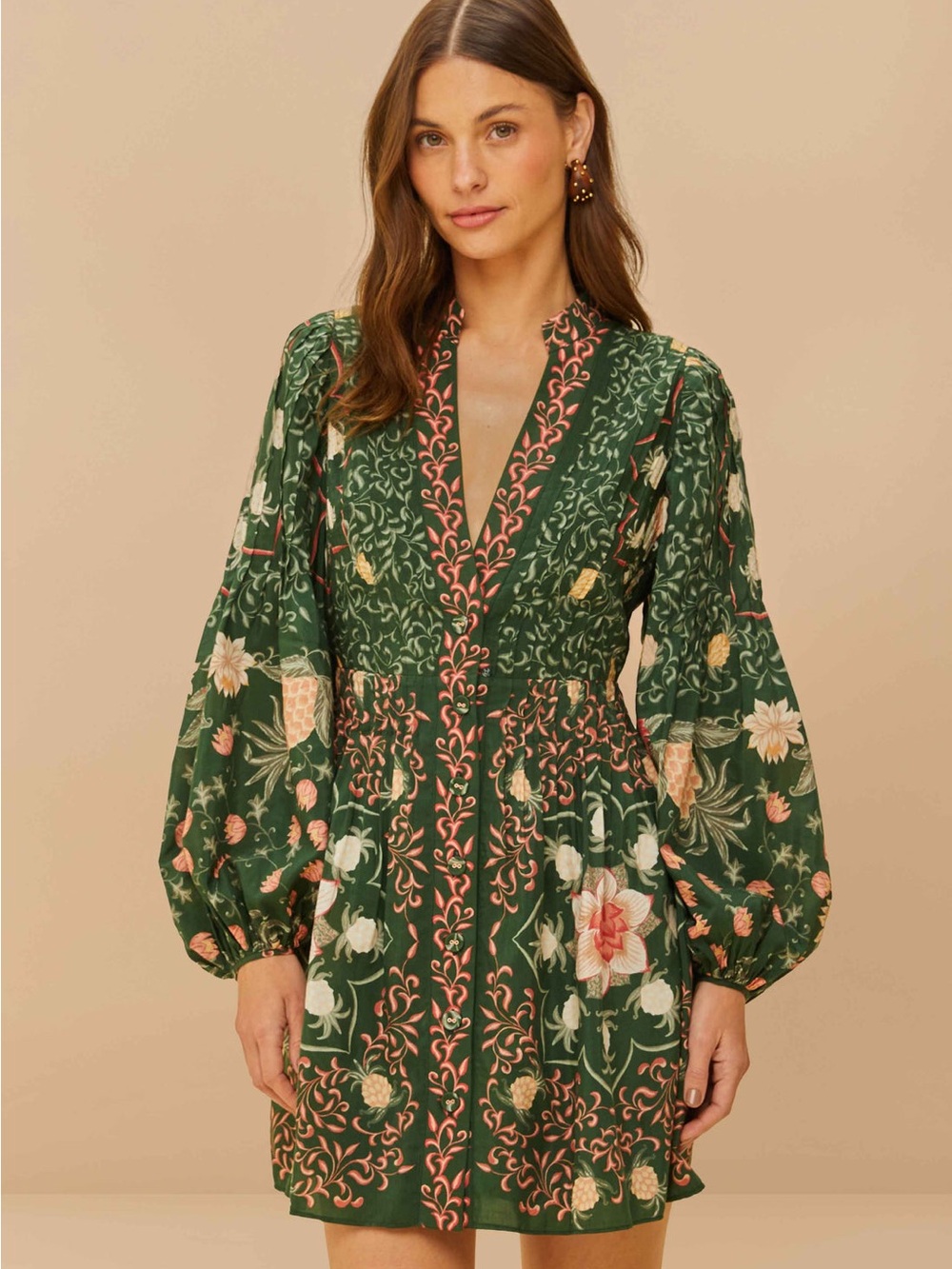 NWT FARM RIO Green Pineapple Garden Long Sleeve Mini Dress